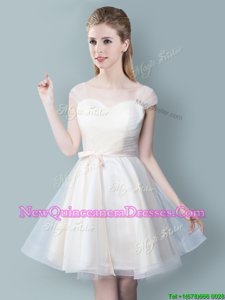 Enchanting Champagne Zipper Straps Ruching and Bowknot Court Dresses for Sweet 16 Tulle Cap Sleeves