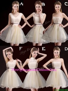 High Quality Champagne Lace Up Quinceanera Dama Dress Lace and Appliques and Belt Sleeveless Mini Length