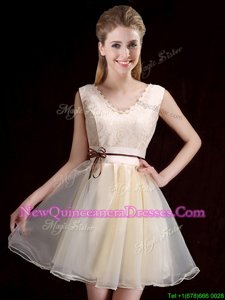 Hot Sale Champagne A-line V-neck Sleeveless Organza Mini Length Lace Up Lace and Appliques and Belt Court Dresses for Sweet 16