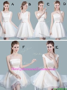 Mini Length White Quinceanera Court Dresses Scoop Sleeveless Lace Up