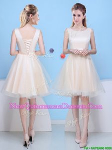 High End Champagne Lace Up Scoop Bowknot Damas Dress Tulle Sleeveless