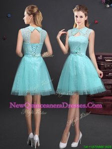 Sexy Sleeveless Tulle Mini Length Lace Up Vestidos de Damas inAqua Blue forSpring and Summer and Fall withLace and Appliques and Belt