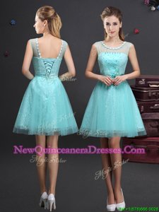 Most Popular Scoop Aqua Blue Lace Up Vestidos de Damas Beading and Lace and Appliques and Belt Sleeveless Mini Length