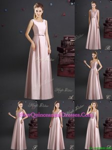 Fitting Floor Length Pink Quinceanera Court of Honor Dress Square Sleeveless Zipper