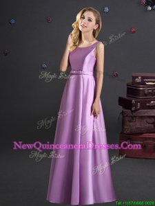 Gorgeous Square Lilac Empire Bowknot Quinceanera Court of Honor Dress Zipper Elastic Woven Satin Sleeveless Floor Length