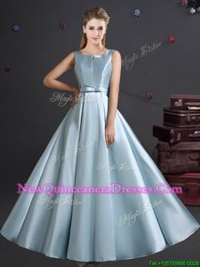 Flare Straps Straps Sleeveless Elastic Woven Satin Floor Length Zipper Dama Dress for Quinceanera inLight Blue withBowknot