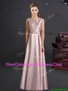 Glittering Straps Straps Pink Empire Bowknot Quinceanera Dama Dress Zipper Elastic Woven Satin Sleeveless Floor Length