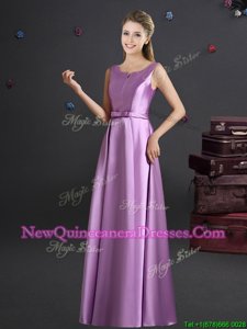 Exceptional Straps Sleeveless Quinceanera Dama Dress Floor Length Bowknot Lilac Elastic Woven Satin