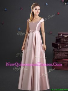 Unique Off the Shoulder Pink Empire Bowknot Dama Dress Zipper Elastic Woven Satin Cap Sleeves Floor Length