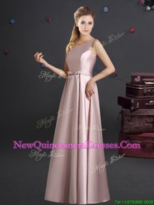 Fine One Shoulder Sleeveless Elastic Woven Satin Floor Length Zipper Court Dresses for Sweet 16 inPink withBowknot