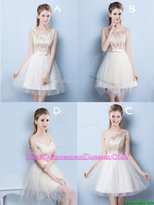 Classical Square Mini Length Champagne Quinceanera Court of Honor Dress Tulle Sleeveless Spring and Summer and Fall Sequins and Bowknot