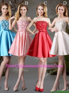 Superior Red and Baby Blue and Champagne Lace Up Dama Dress for Quinceanera Appliques and Bowknot Sleeveless Mini Length
