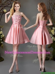 Traditional Appliques and Bowknot Court Dresses for Sweet 16 Pink Lace Up Sleeveless Mini Length
