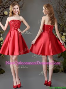 Attractive Sleeveless Satin Mini Length Lace Up Quinceanera Dama Dress inRed forSpring and Summer and Fall withAppliques and Bowknot