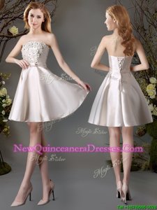 Smart Sleeveless Satin Mini Length Lace Up Dama Dress inChampagne forSpring and Summer and Fall withAppliques and Bowknot