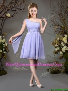 Chic One Shoulder Lavender Empire Beading and Ruching Quinceanera Dama Dress Zipper Chiffon Sleeveless Mini Length