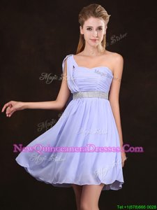 Deluxe One Shoulder Lavender Sleeveless Sequins and Ruching Mini Length Dama Dress