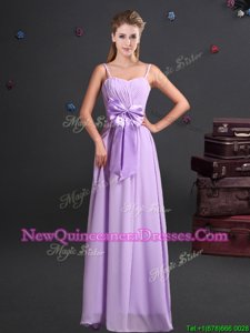 Decent Lavender Spaghetti Straps Neckline Ruching and Bowknot Dama Dress for Quinceanera Sleeveless Zipper