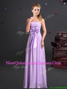 Beautiful Lavender Strapless Neckline Ruching and Bowknot Dama Dress Sleeveless Zipper
