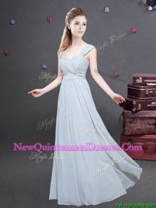 High Quality Grey Empire Chiffon One Shoulder Sleeveless Ruching Floor Length Zipper Dama Dress for Quinceanera