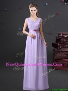 Graceful Lavender Chiffon Lace Up Quinceanera Court of Honor Dress Sleeveless Floor Length Lace and Belt