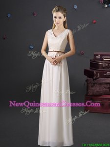 Fantastic White Quinceanera Dama Dress for Prom and For withLace and Belt V-neck Sleeveless Lace Up