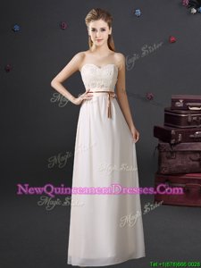 Fitting White Chiffon Lace Up Quinceanera Court Dresses Sleeveless Floor Length Lace and Appliques and Belt