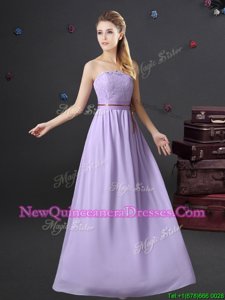 Attractive Lavender Sleeveless Lace and Belt Floor Length Vestidos de Damas