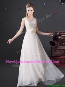Sleeveless Chiffon Floor Length Zipper Dama Dress for Quinceanera in White withLace and Bowknot