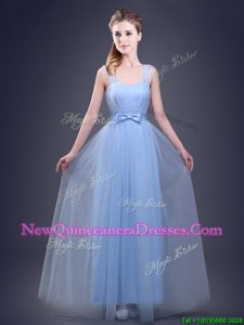 Amazing Straps Straps Sleeveless Tulle Floor Length Lace Up Quinceanera Court Dresses inLight Blue withRuching and Bowknot