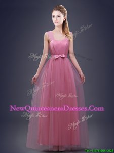 Fancy Tulle Straps Sleeveless Lace Up Ruching and Bowknot Vestidos de Damas inRed