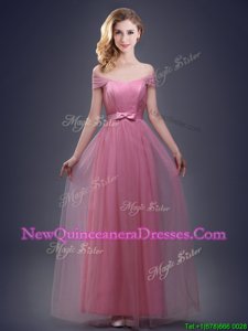 Low Price Red Lace Up Off The Shoulder Ruching and Bowknot Quinceanera Court of Honor Dress Tulle Sleeveless