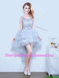 Top Selling Grey A-line Organza Scoop Sleeveless Lace and Ruffled Layers and Bowknot Mini Length Lace Up Court Dresses for Sweet 16