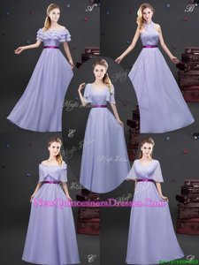 Wonderful Off the Shoulder Lavender Chiffon Zipper Quinceanera Court Dresses Sleeveless Floor Length Ruffled Layers and Ruching and Belt
