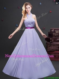 Spectacular Lavender Halter Top Neckline Belt Court Dresses for Sweet 16 Sleeveless Zipper