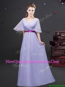 Custom Made Lavender Half Sleeves Ruching and Belt Floor Length Quinceanera Court Dresses