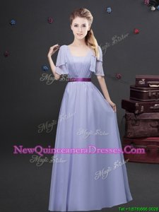 Eye-catching Chiffon Square Short Sleeves Zipper Ruching and Belt Dama Dress inLavender