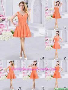 Noble Orange A-line Chiffon Straps Sleeveless Lace and Ruching and Belt Mini Length Zipper Damas Dress