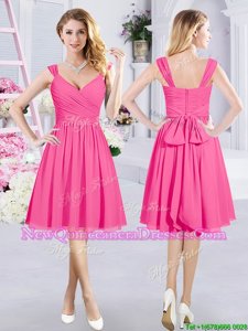 Shining Hot Pink Straps Neckline Ruching and Belt Vestidos de Damas Sleeveless Zipper