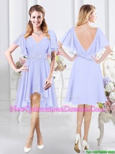 Edgy A-line Damas Dress Lavender V-neck Chiffon Short Sleeves High Low Zipper