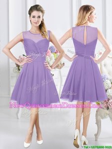 Scoop Sleeveless Chiffon Knee Length Zipper Court Dresses for Sweet 16 inLavender forSpring and Summer and Fall withRuching