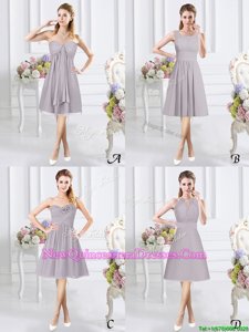 Pretty Grey Sleeveless Knee Length Lace and Ruching and Hand Made Flower Side Zipper Court Dresses for Sweet 16