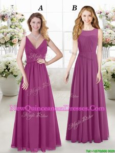 Graceful Fuchsia Chiffon Zipper Quinceanera Dama Dress Sleeveless Floor Length Ruching