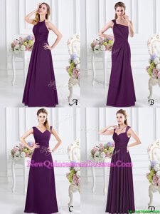 Wonderful Floor Length Purple Quinceanera Dama Dress Halter Top Sleeveless Lace Up