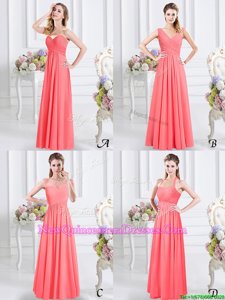 Fabulous Watermelon Red Sleeveless Floor Length Lace and Ruching Zipper Quinceanera Court Dresses