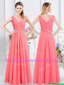 Fancy Floor Length Watermelon Red Dama Dress for Quinceanera Chiffon Sleeveless Spring and Fall and Winter Ruching