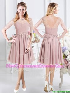 Pink Scoop Zipper Lace and Ruching Court Dresses for Sweet 16 Half Sleeves