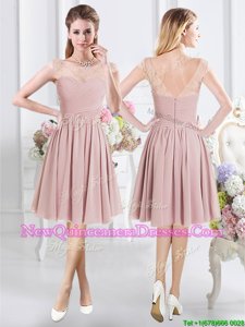 Spectacular Scoop Pink Zipper Dama Dress for Quinceanera Lace and Ruching Cap Sleeves Knee Length