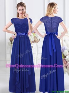 Dynamic Royal Blue Empire Scoop Short Sleeves Chiffon Floor Length Zipper Lace and Belt Damas Dress