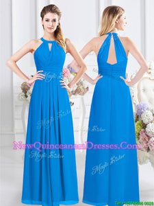 Unique Halter Top Sleeveless Quinceanera Court of Honor Dress Floor Length Ruching Baby Blue Chiffon